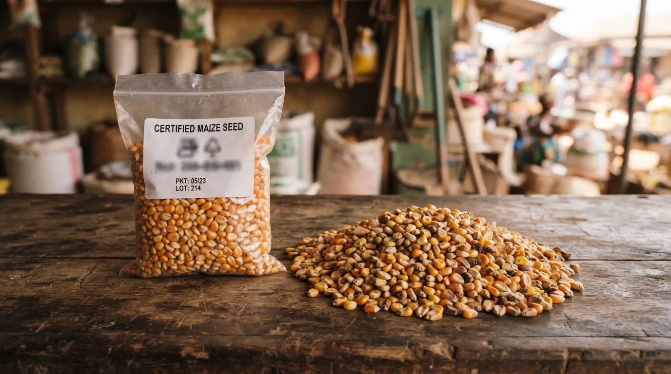Certified maize seed in sealed labelled bags beside a farmer's saved grain