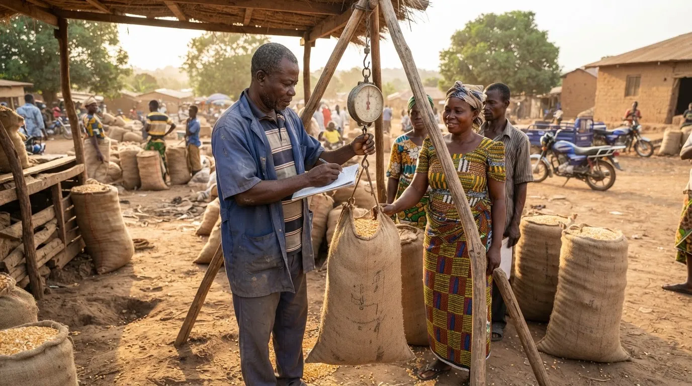 Maize bulked up at a Ghanaian aggregation hub such as Techiman where the price is set
