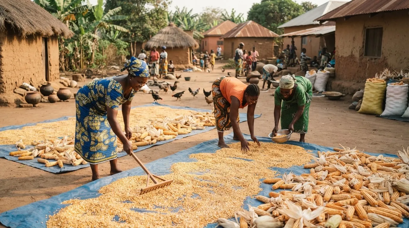 Maize drying on a floor and being shelled at a rural collection point in Ghana