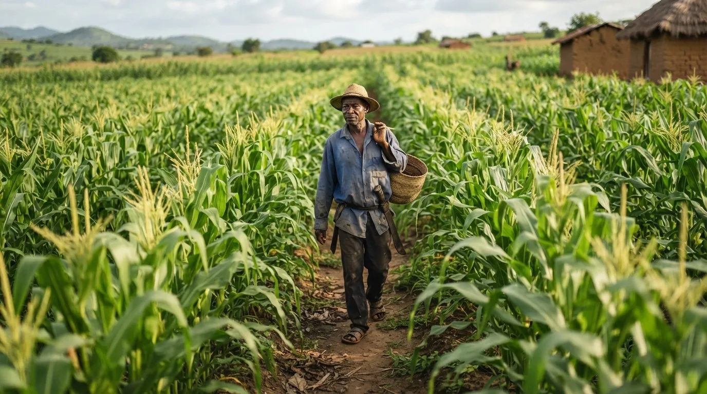 Smallholder maize farmers harvesting cobs in a field in Ghana