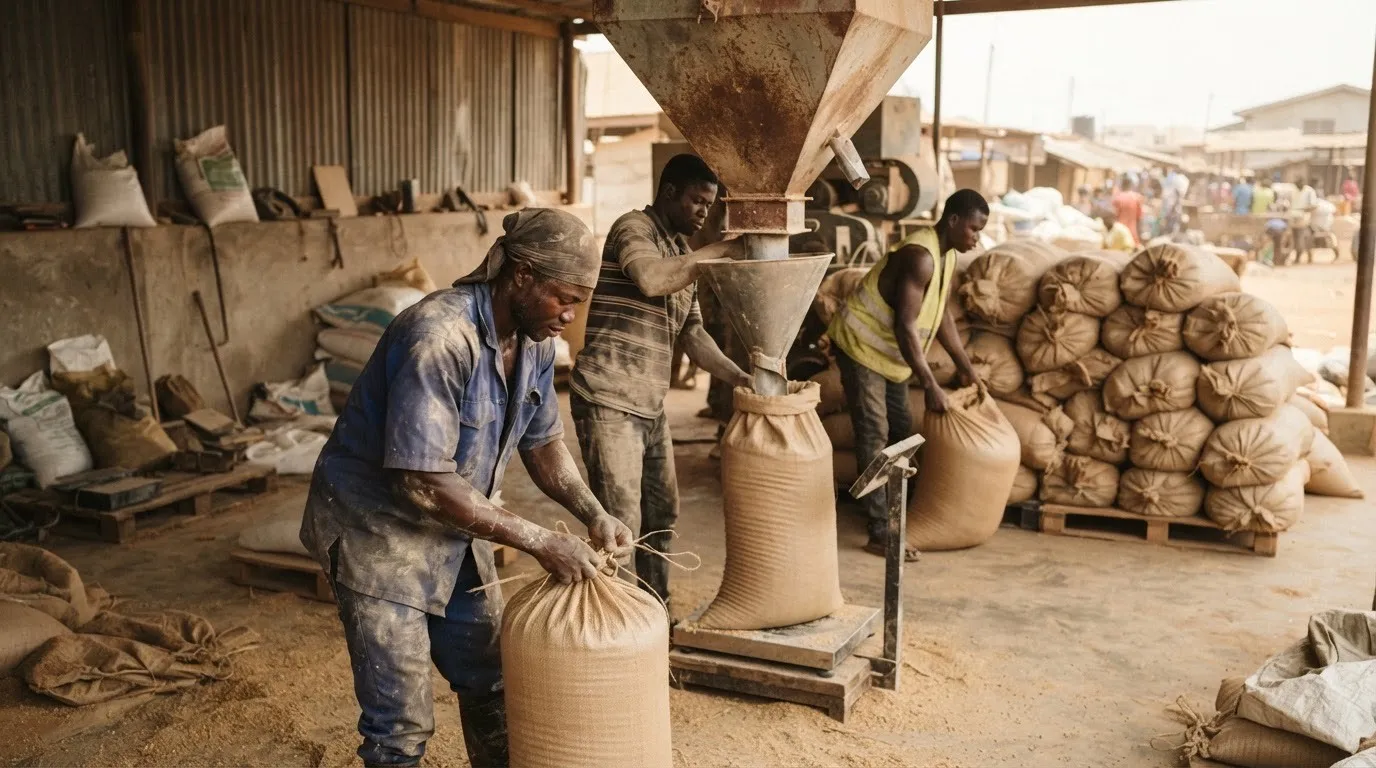 Interior of a modern maize feed mill producing poultry ration in Ghana