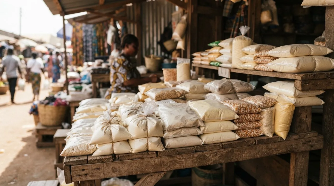 Branded maize flour and fortified weaning food packs on a Ghanaian shop shelf