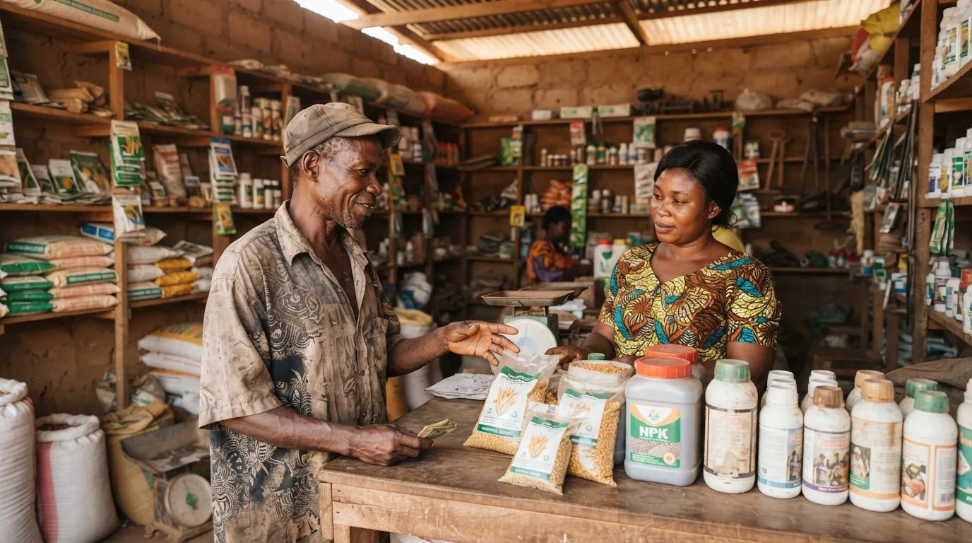 An agro-dealer shop in Ghana selling certified maize seed, fertiliser and agrochemicals