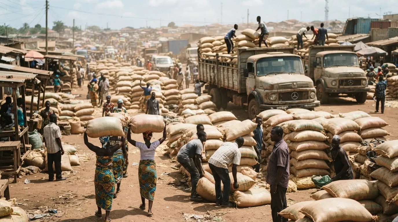 A busy maize assembly market such as Techiman with women traders and stacked 100 kg sacks in Ghana
