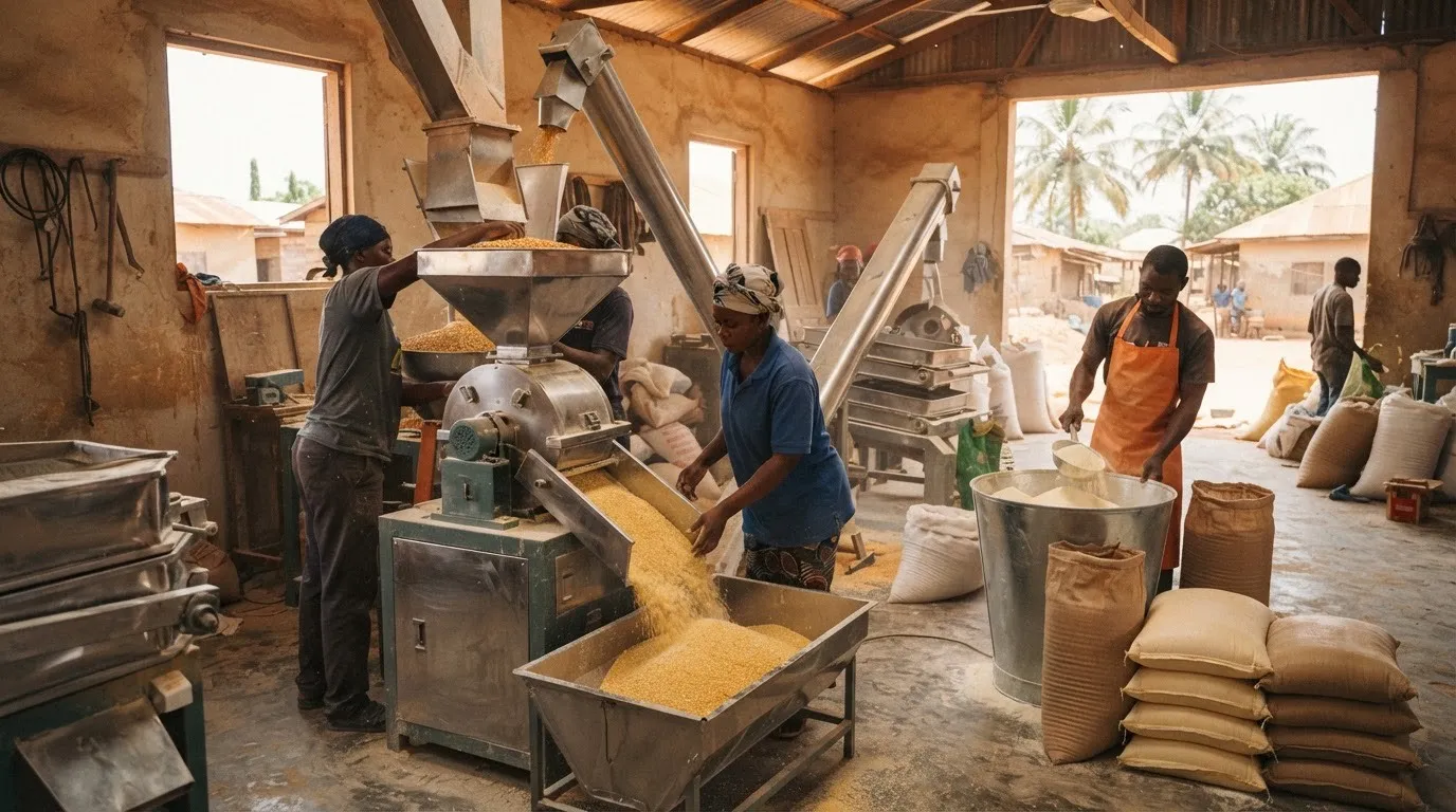 Maize being processed into flour and grits at a mid-scale Ghanaian food processor