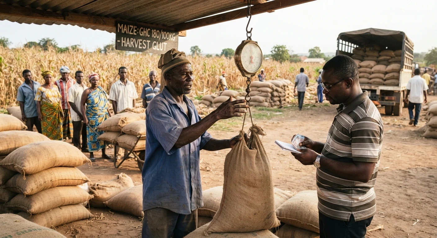 A Ghanaian smallholder farmer selling sacks of maize at a low price to a buyer at the farm gate during a harvest glut, other farmers with sacks waiting nearby, documentary photograph