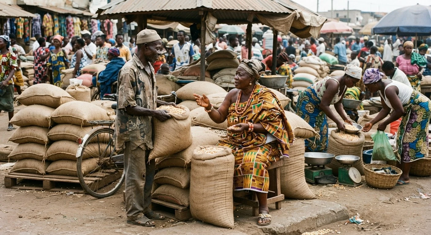 A Ghanaian market queen negotiating with a smallholder farmer over sacks of maize at a busy assembly market such as Techiman, other women traders bulking grain nearby, documentary photograph