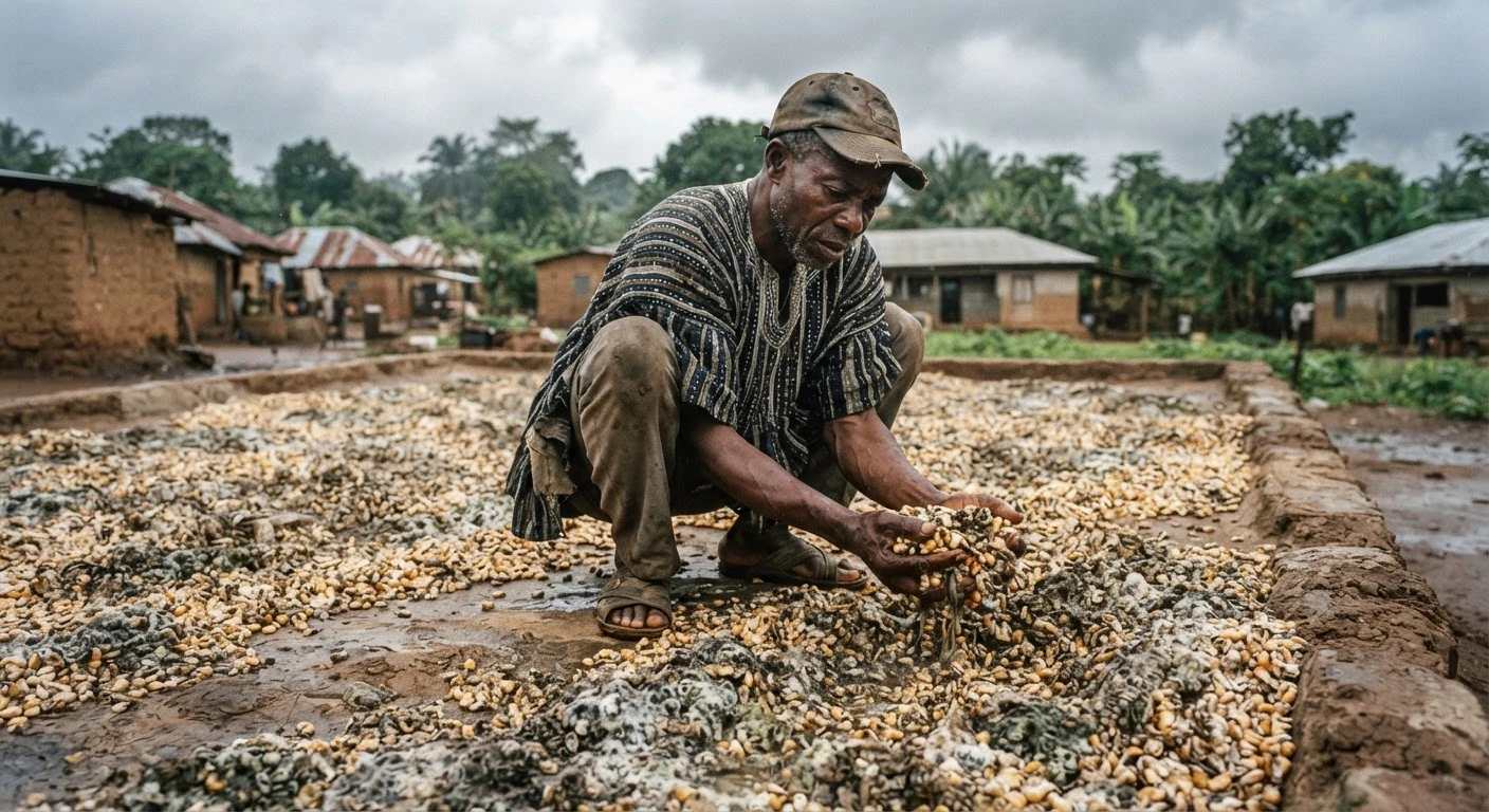 A Ghanaian farmer inspecting moldy, discolored maize kernels spread on a drying floor under overcast wet-season skies, documentary photograph
