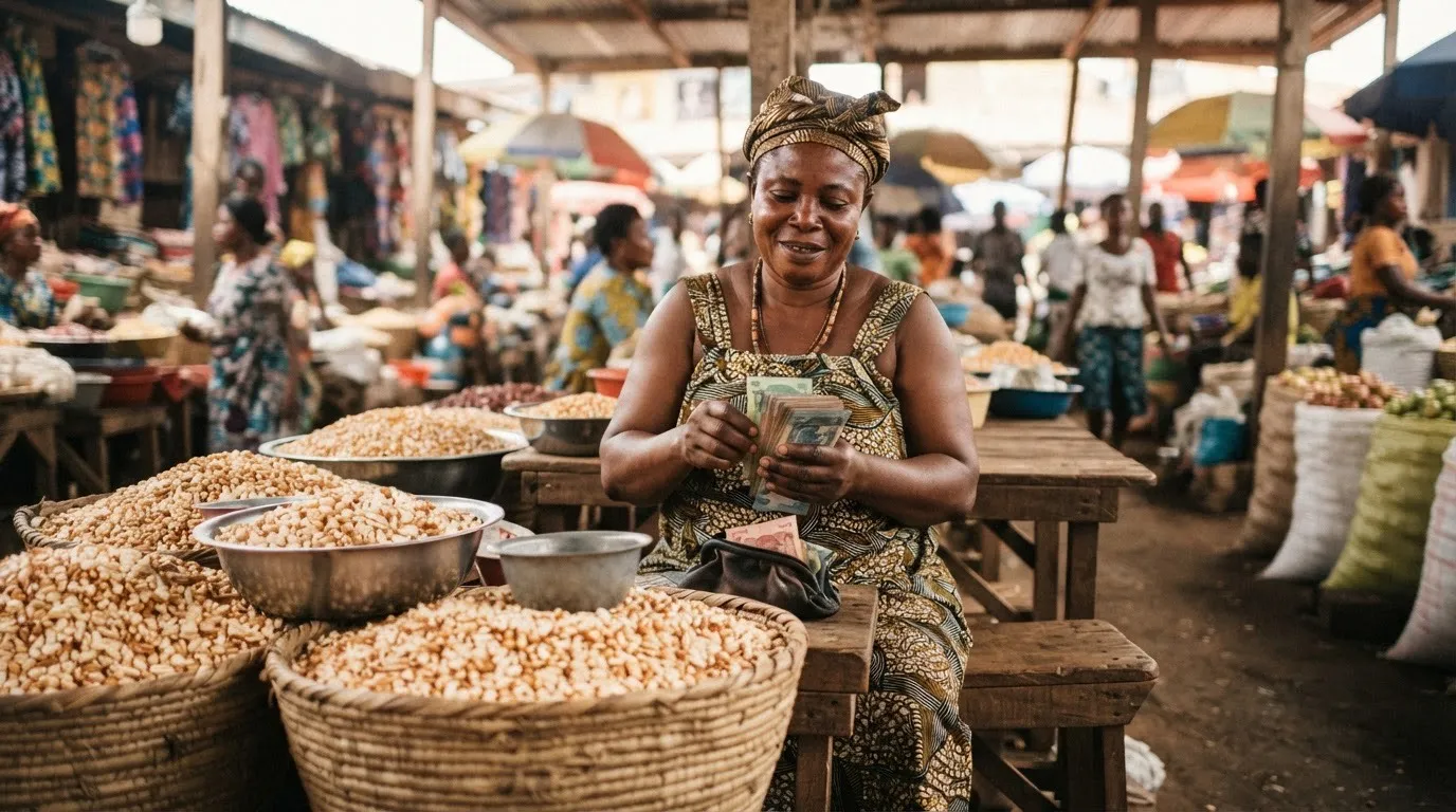 A market queen and aggregators bulking maize at a Ghanaian assembly market