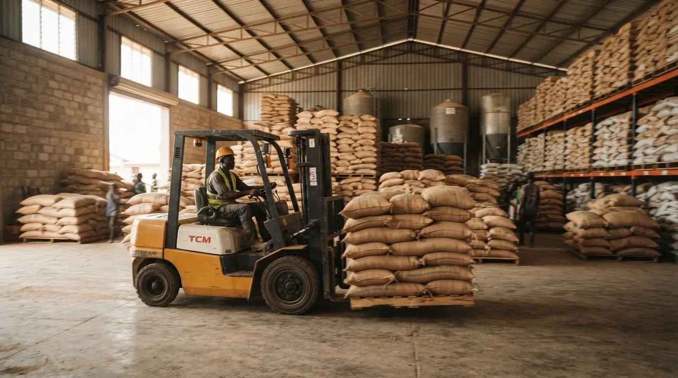 A certified warehouse with neatly stacked bags of graded maize stored for the lean season in Ghana