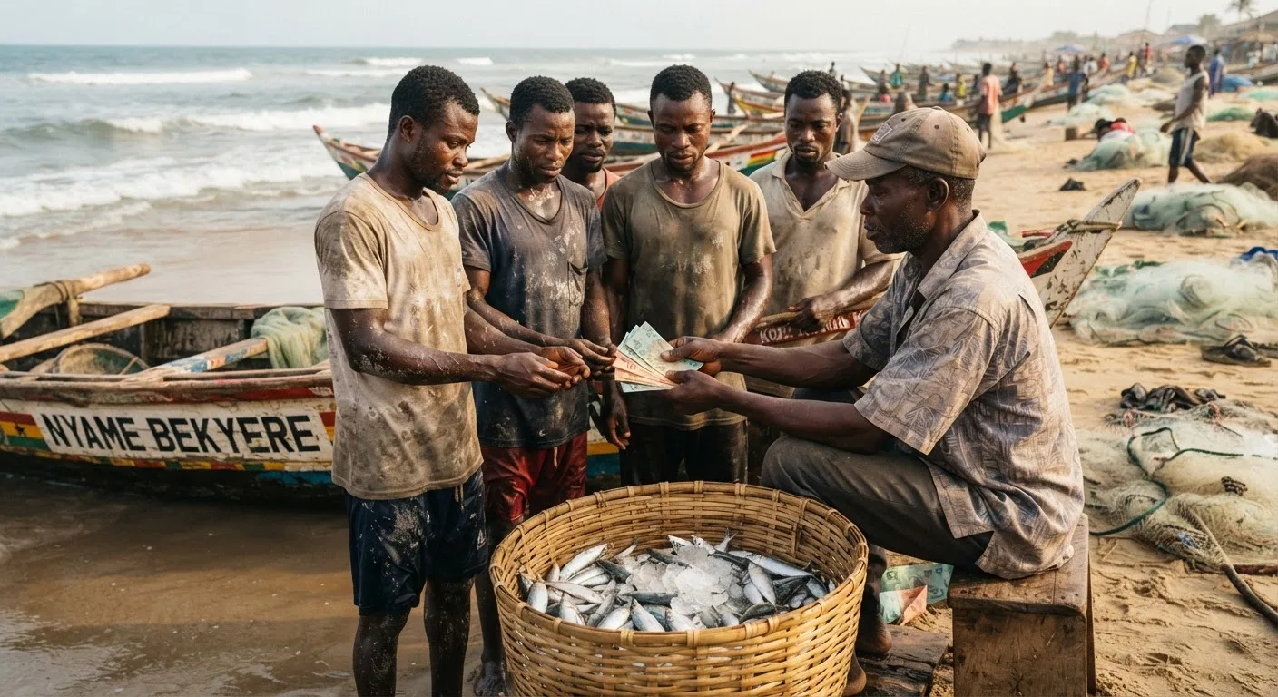 A canoe owner dividing cedi banknotes among a small group of tired crew members on the beach after a landing, a basket of small pelagic fish beside them, documentary photograph