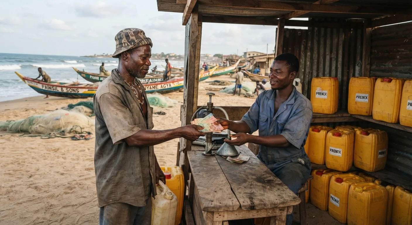 A Ghanaian canoe owner handing cedi notes to a premix fuel attendant at a small landing-beach fuel depot, yellow gallon jerrycans of premix lined up, documentary photograph