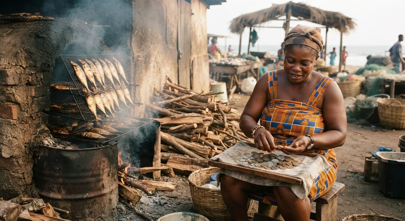 A Ghanaian fish processor counting cedi coins beside a smoking oven loaded with racks of round sardinella, firewood stacked nearby, documentary photograph