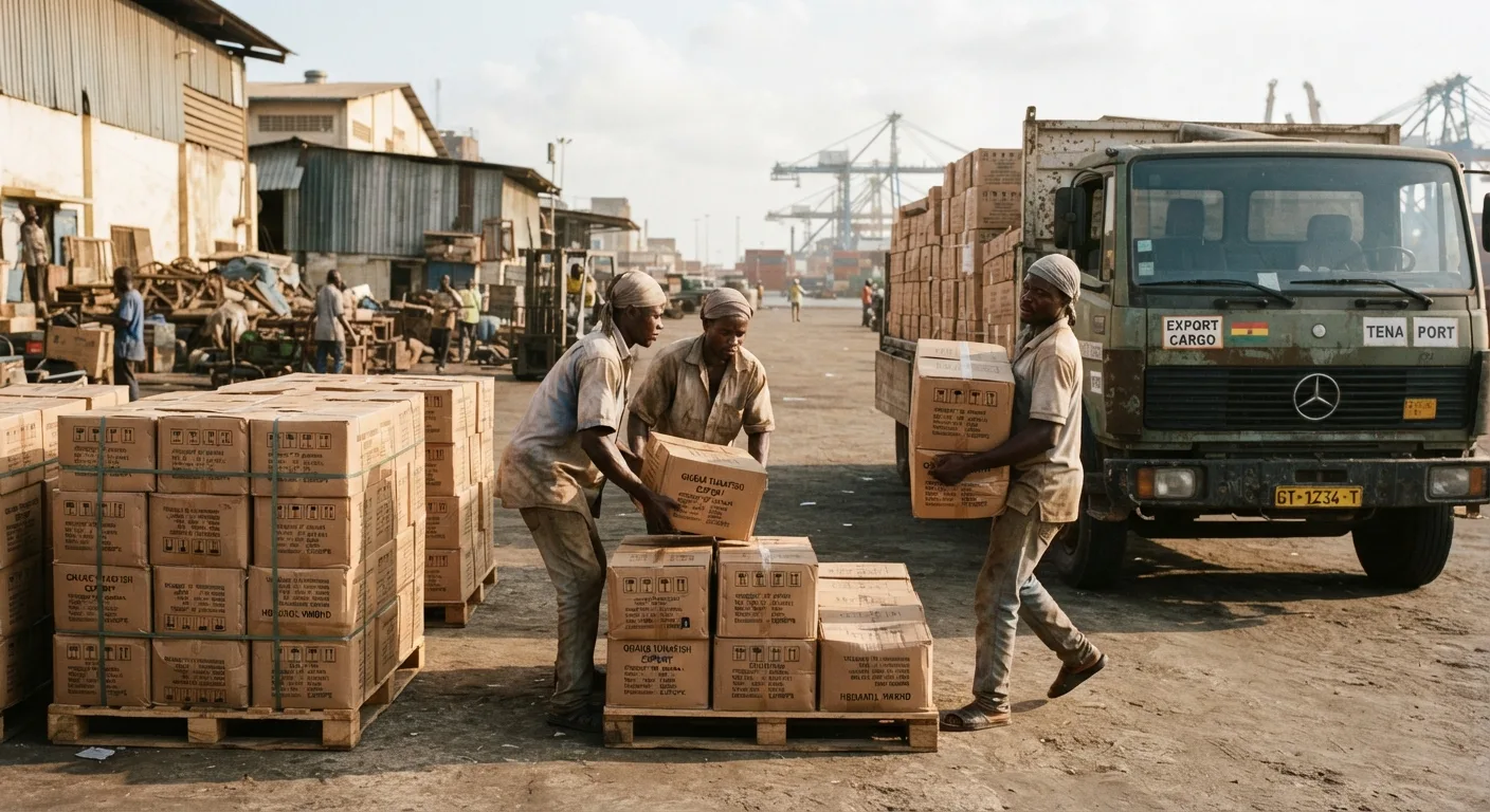 Workers loading export cartons of canned tuna onto a truck outside a Tema canning factory, pallets of boxes stamped for export, documentary photograph