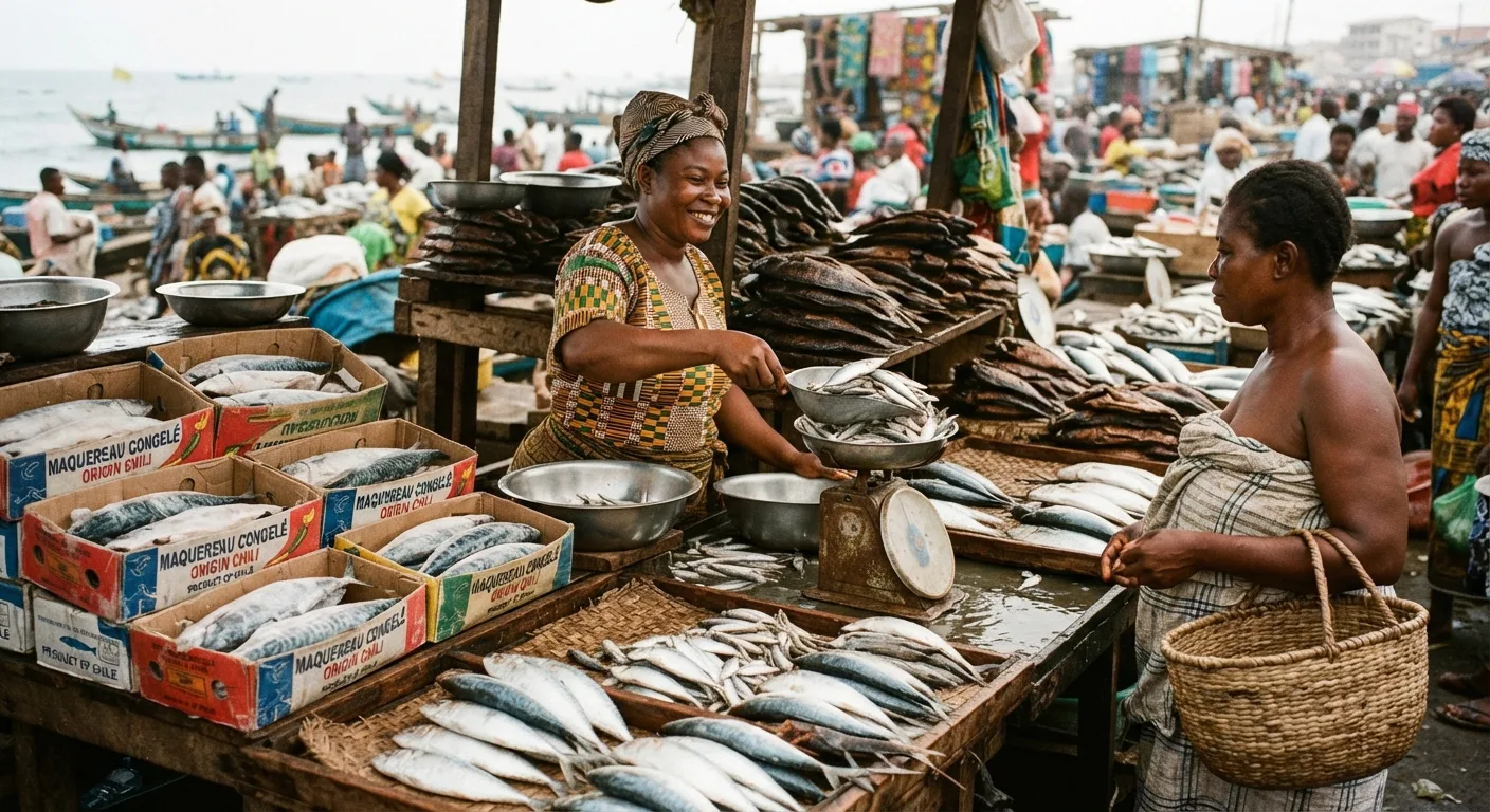 A busy Ghanaian fish market stall with fresh and smoked small pelagic fish beside cartons of frozen imported mackerel, a trader weighing fish for a customer, documentary photograph