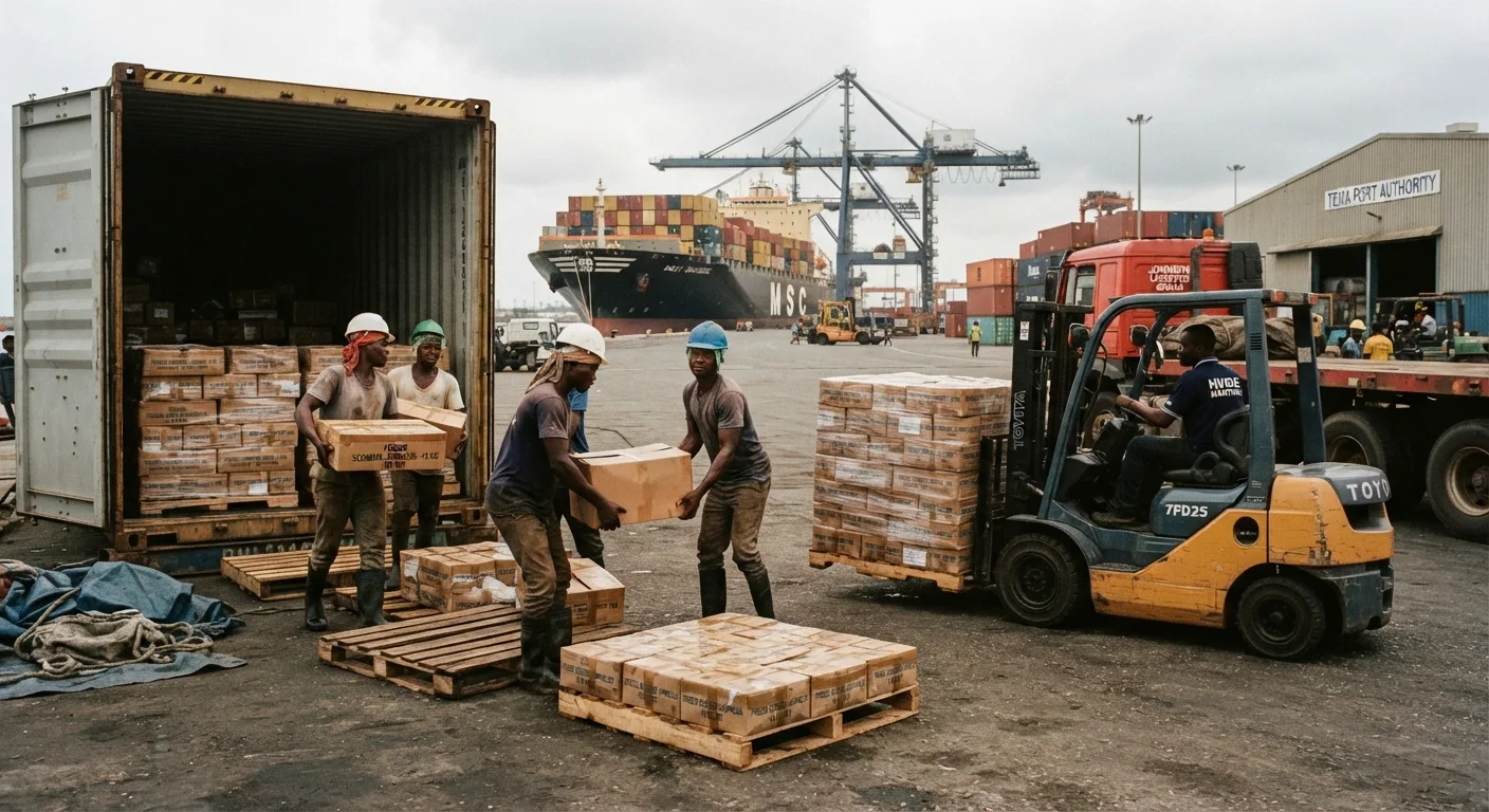 Dockworkers offloading cartons of frozen imported mackerel from a shipping container at a Ghanaian port, a forklift and stacked pallets nearby, documentary photograph