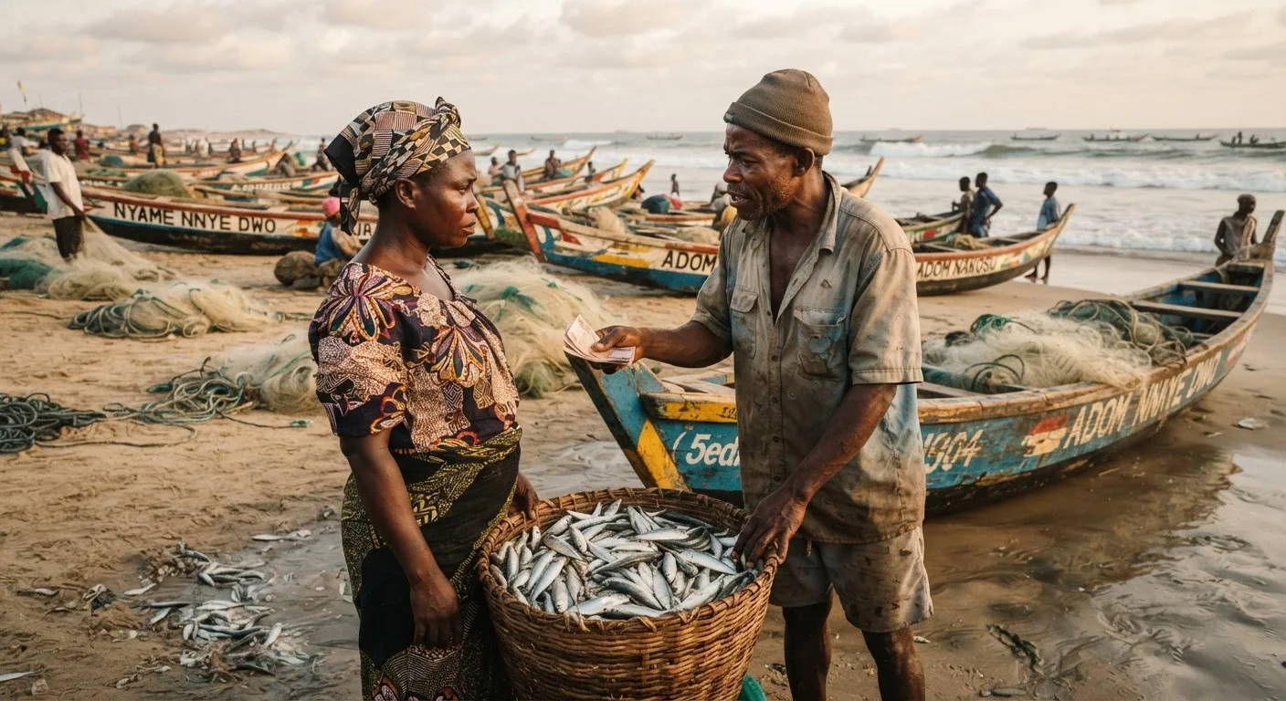 A fish trader and a canoe fisherman negotiating a price over a basket of small pelagic fish at a Ghanaian landing beach, canoes and nets in the background, documentary photograph
