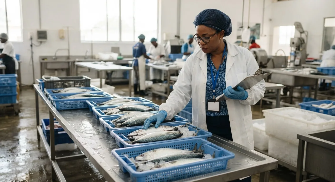 A food safety inspector examining trays of fresh fish at a Ghanaian fish processing facility, documentary photograph
