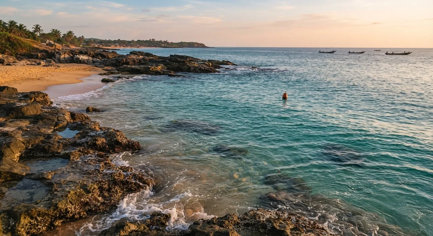 A quiet rocky Ghanaian coastline near Busua with clear water and a small marker buoy offshore, documentary photograph