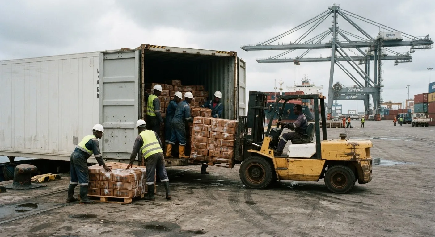 Workers loading cartons of frozen tuna into a refrigerated shipping container at Tema port in Ghana, documentary photograph
