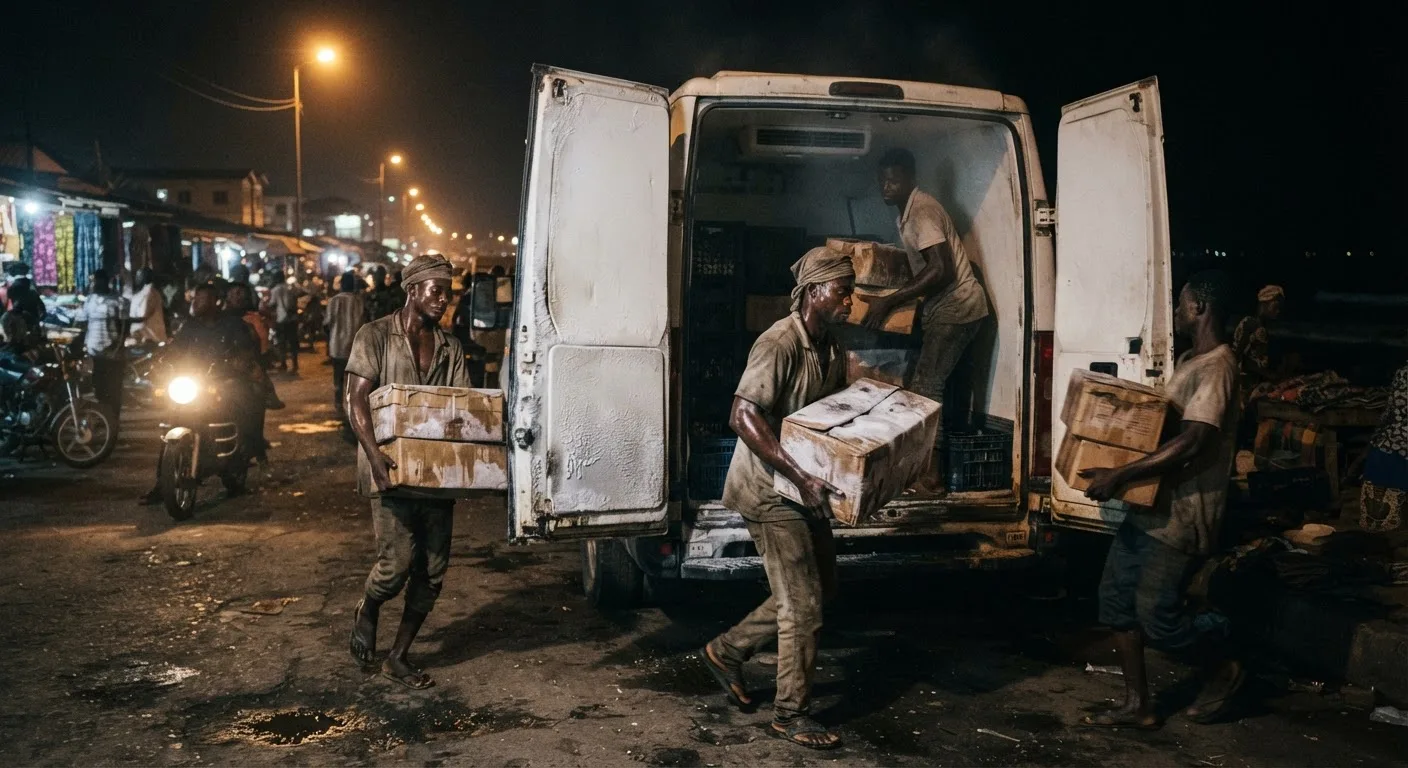 A refrigerated delivery van being loaded with boxes of frozen fish slabs at night at a Ghanaian coastal town roadside, documentary photograph