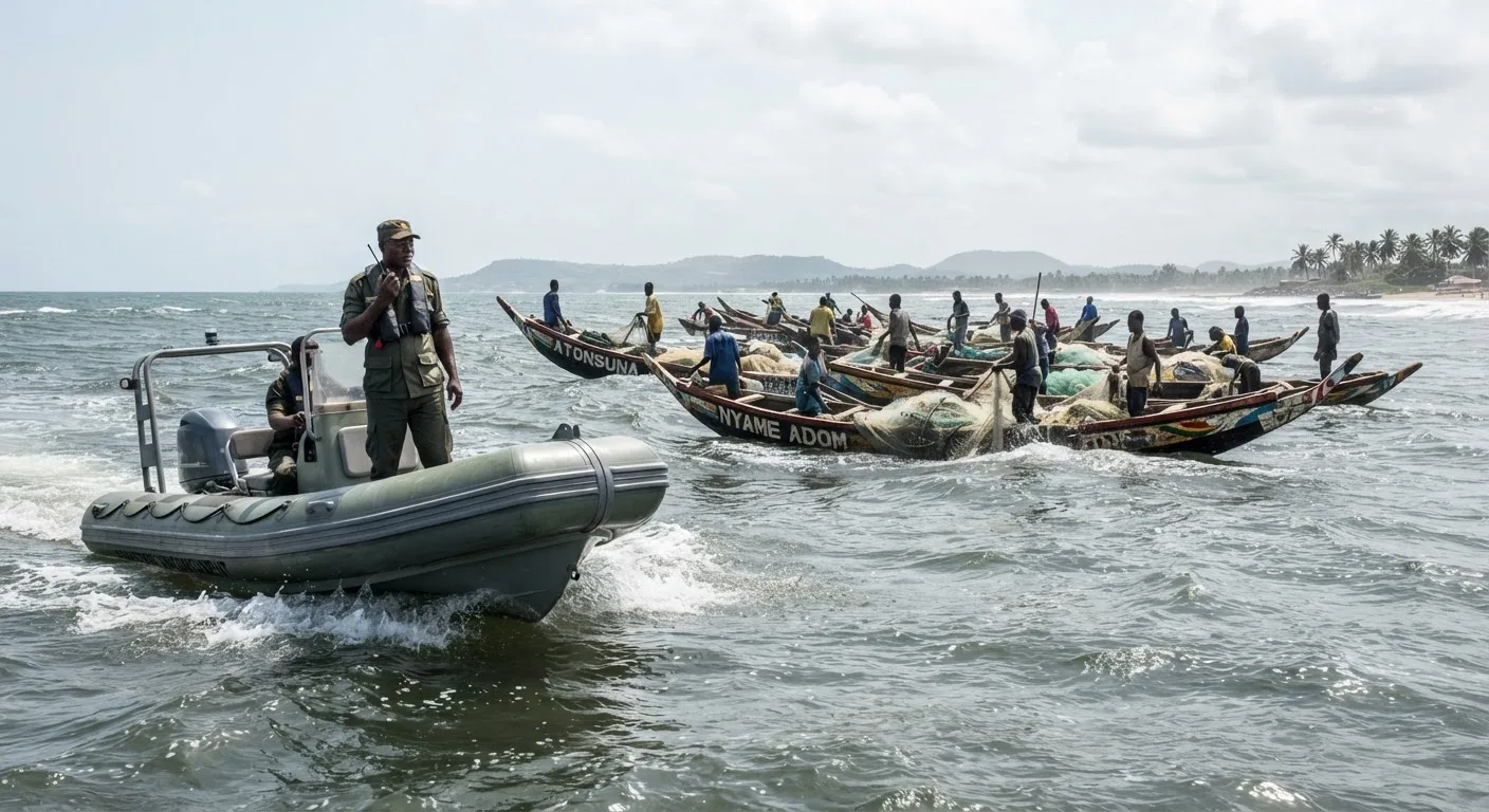 A small Ghanaian fisheries enforcement patrol boat with an officer aboard approaching a cluster of wooden canoes at sea, documentary photograph