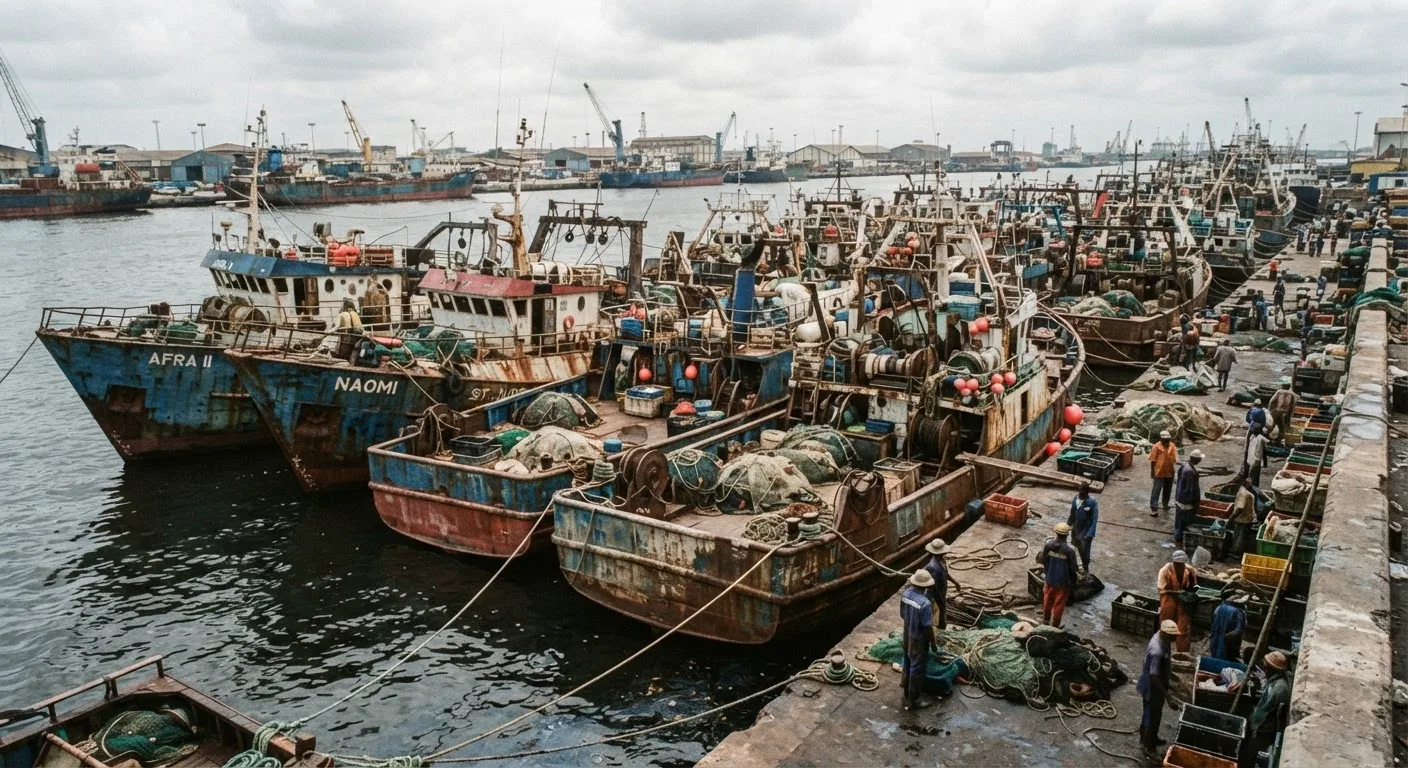 A row of industrial fishing trawlers docked together at Tema harbour in Ghana, documentary photograph