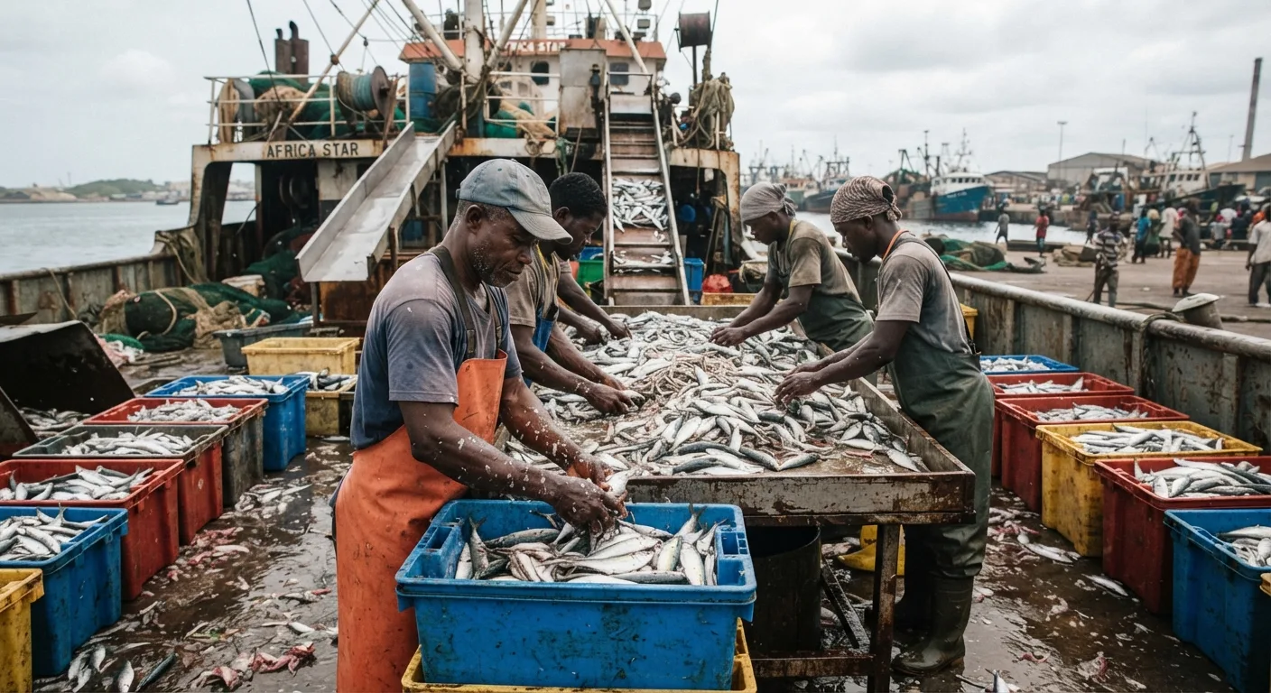 Trawler crew sorting a mixed catch of small fish on the deck of an industrial trawler at a Ghanaian harbour, documentary photograph