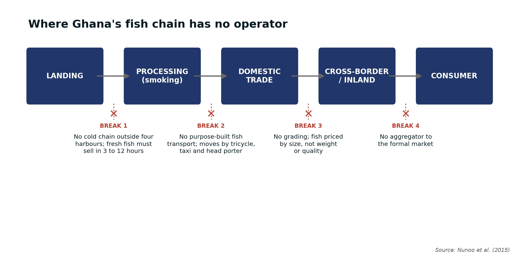 The four links a functioning fish chain would carry, and does not: landing, processing, domestic trade and cross-border/inland