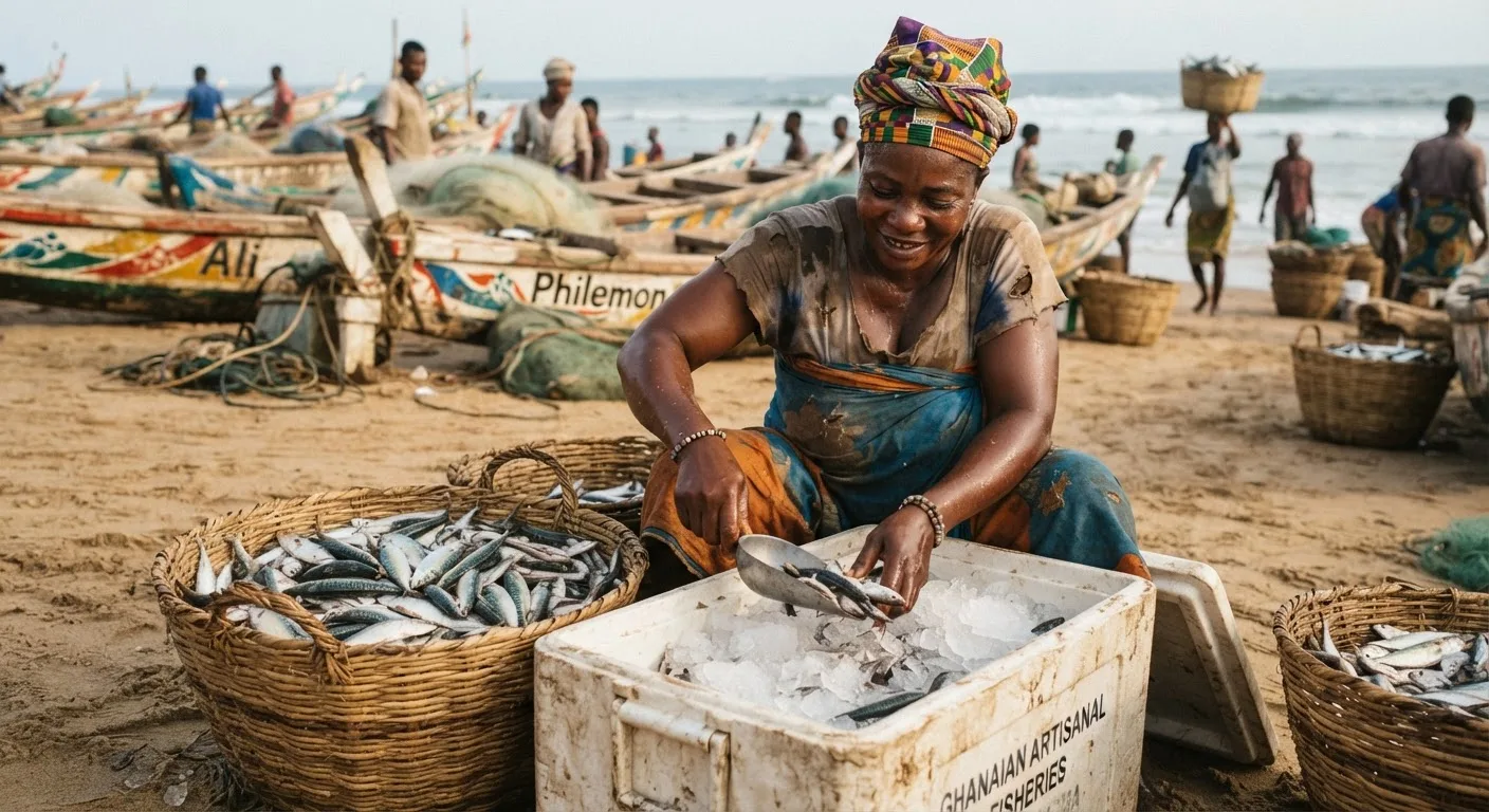 A woman packing small pelagic fish into a portable ice-filled cold box on a Ghanaian landing beach, baskets and canoes around her, documentary photograph
