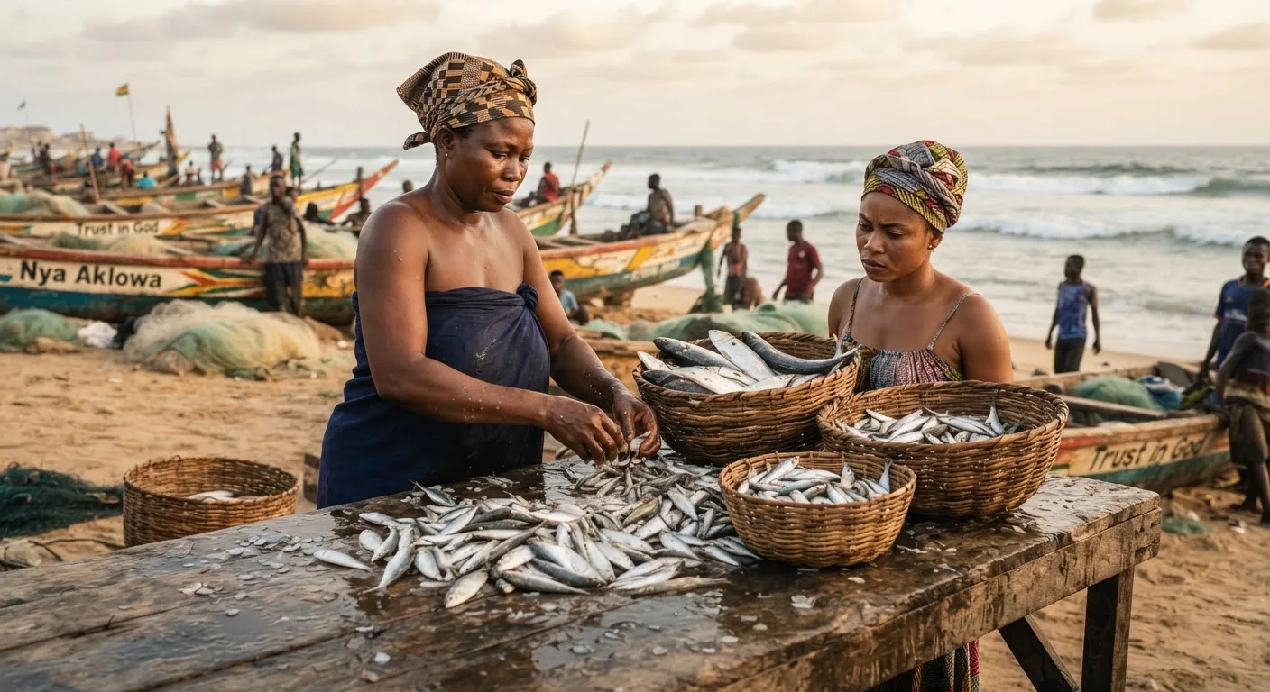 Two Ghanaian women sorting a mixed catch of small pelagic fish by hand at a beach-side table, baskets and canoes behind them, documentary photograph