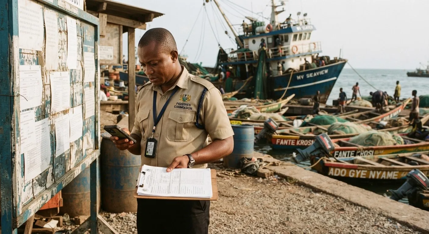 A fisheries officer in uniform checking a notice board and a clipboard beside a trawler and moored canoes at a Ghanaian port, documentary photograph
