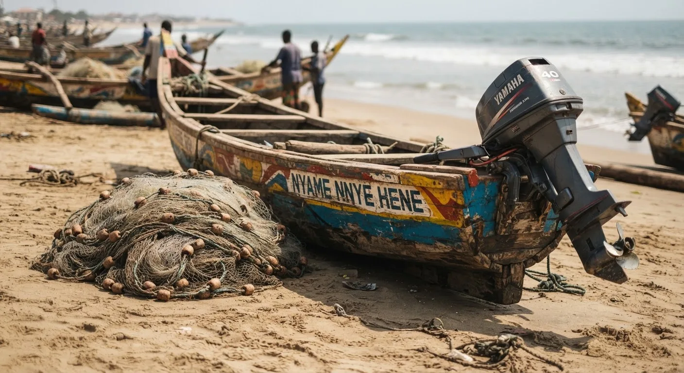 Close view of a Ghanaian fishing canoe on a beach with its hull, net and outboard motor visible as separate pieces of equipment, documentary photograph