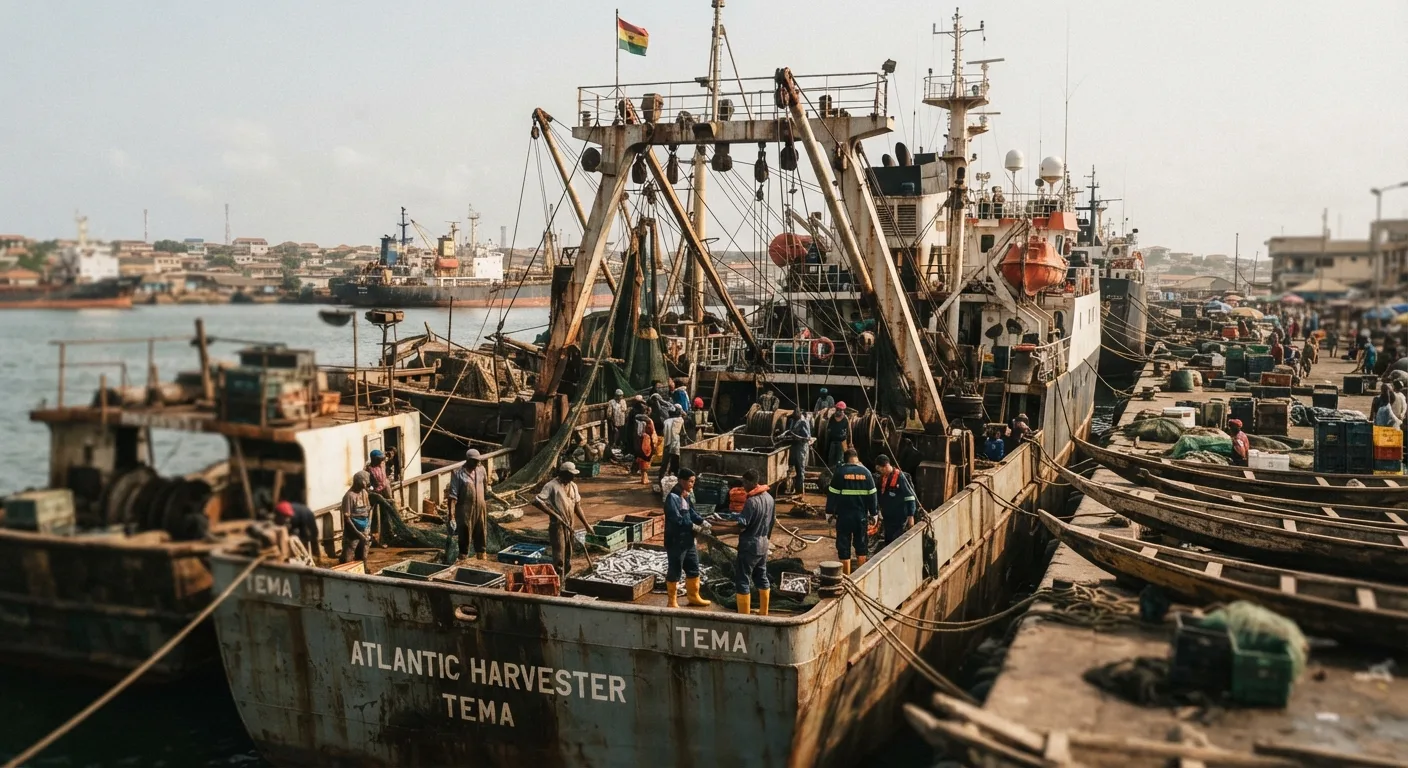 A large industrial fishing trawler flagged in Ghana docked at Tema harbour, a mixed Ghanaian and foreign crew working on deck, documentary photograph