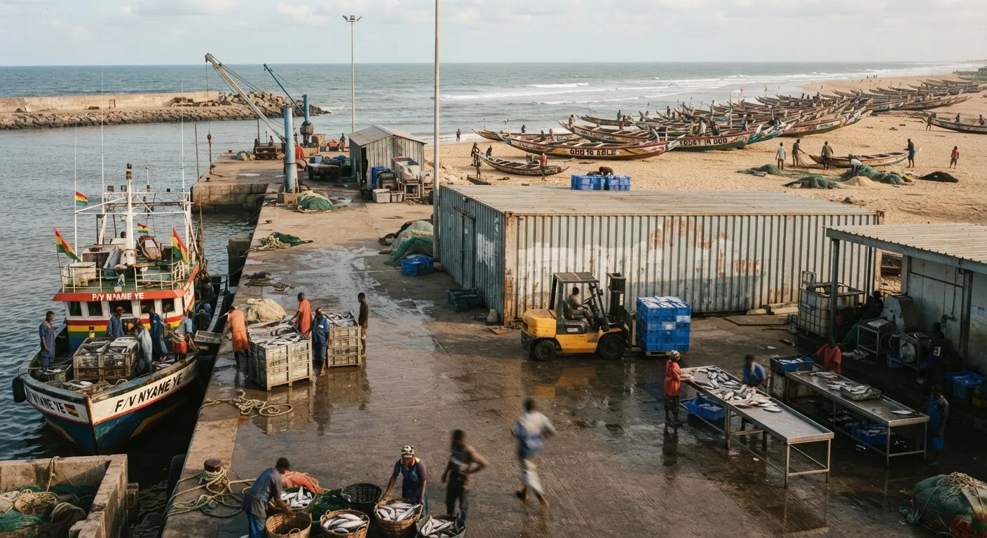 A modern concrete fish harbour quay with cold storage sheds in the foreground and an open sandy beach with canoes and no shelter in the distance, showing the contrast in landing infrastructure, documentary photograph