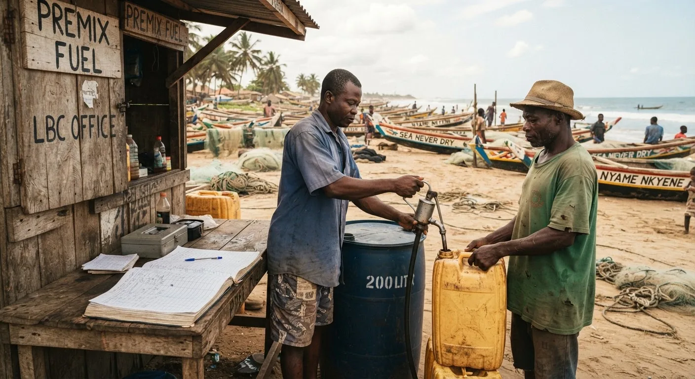 A Landing Beach Committee attendant dispensing premix fuel from a drum into a jerrycan at a wooden kiosk on a Ghanaian beach, a ledger on a table beside them, documentary photograph
