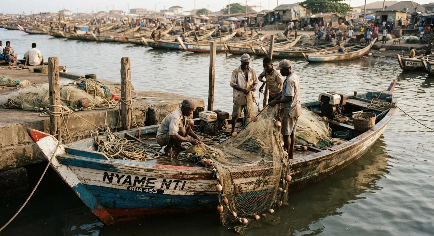 A small Ghanaian semi-industrial fishing vessel, locally built, moored at a modest inshore harbour, crew preparing trawl net on deck, documentary photograph