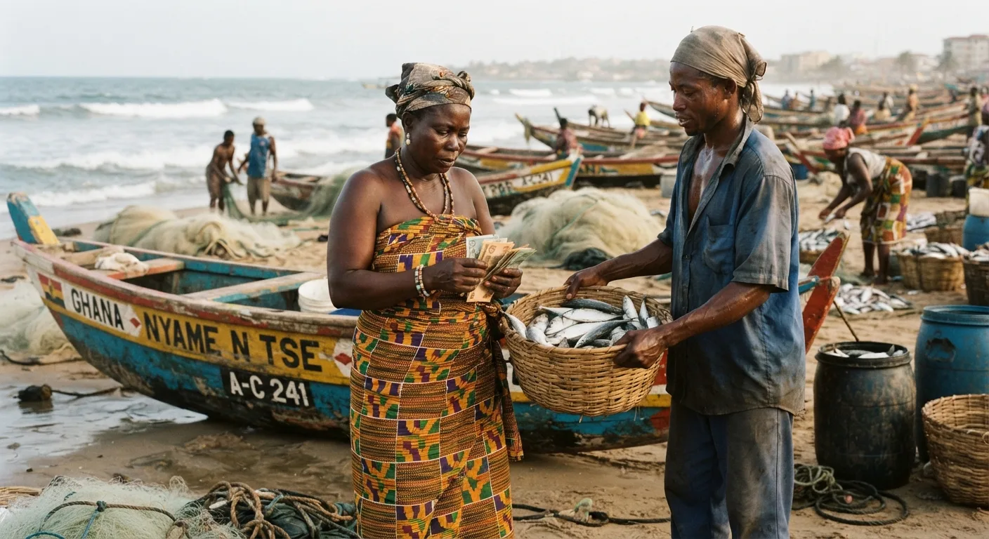 A Ghanaian woman fish trader beside a canoe at a landing beach, counting cedi banknotes while a fisherman hands her a basket of fish, documentary photograph