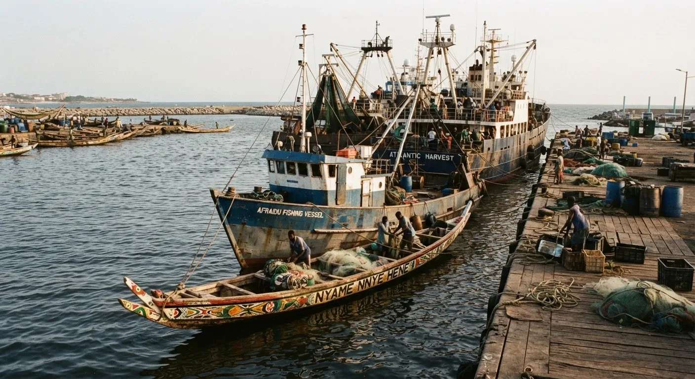Three Ghanaian fishing vessels of different scale moored side by side, a canoe, a semi-industrial boat and an industrial trawler, showing the size contrast, documentary photograph