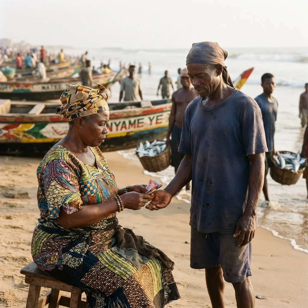 A fishmonger woman counting cedi banknotes while a canoe crew member holds a basket of fish beside a beached canoe, the price being settled at the point of landing