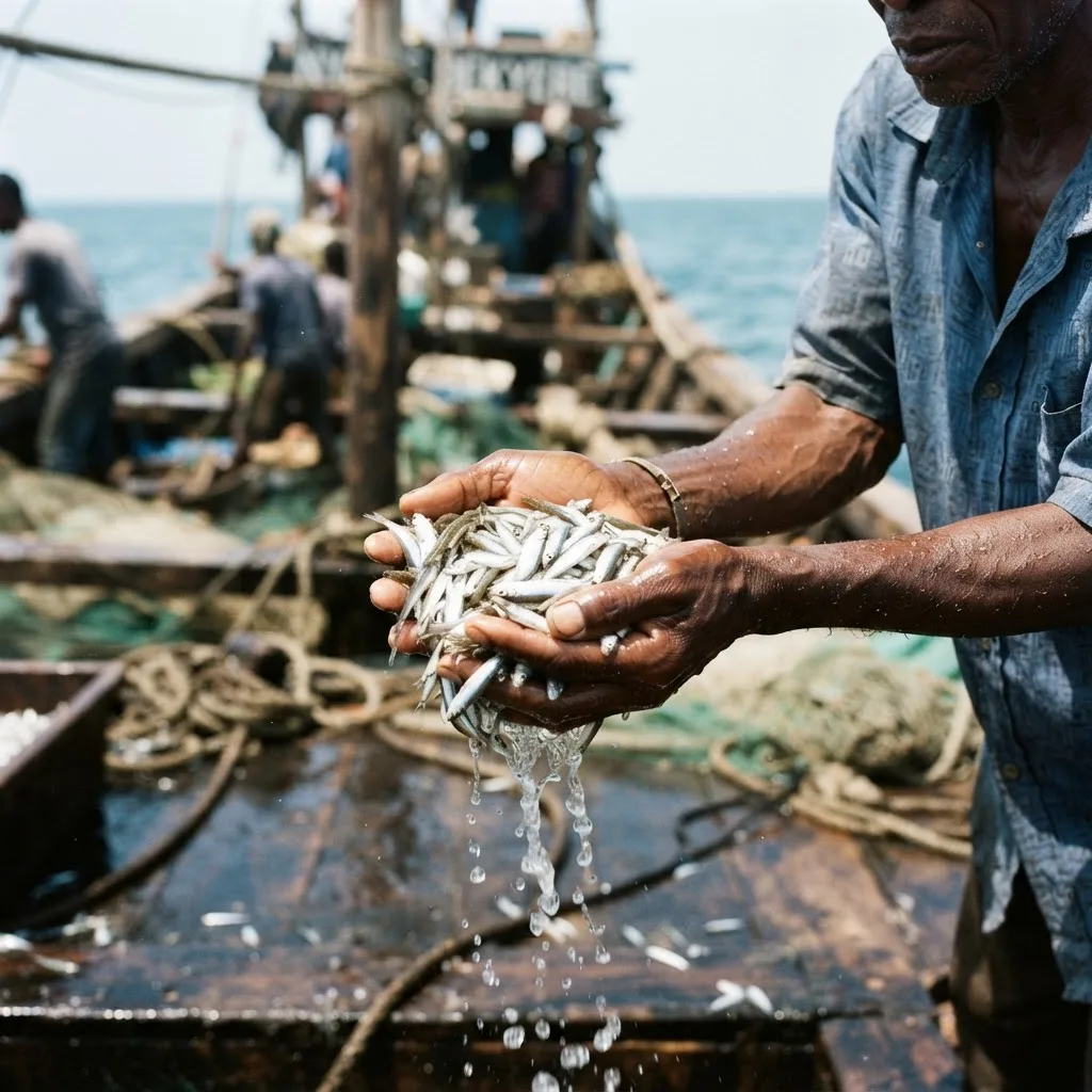 A crew member's cupped hands holding a fistful of small live anchovy and juvenile sardinella bait aboard a tuna vessel