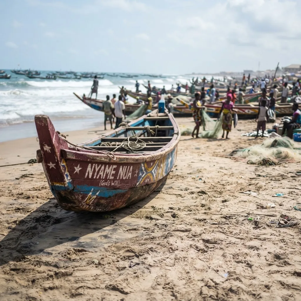 A painted wooden fishing canoe named Nyame Nua hauled up on a crowded Ghanaian beach, crew and nets in the background