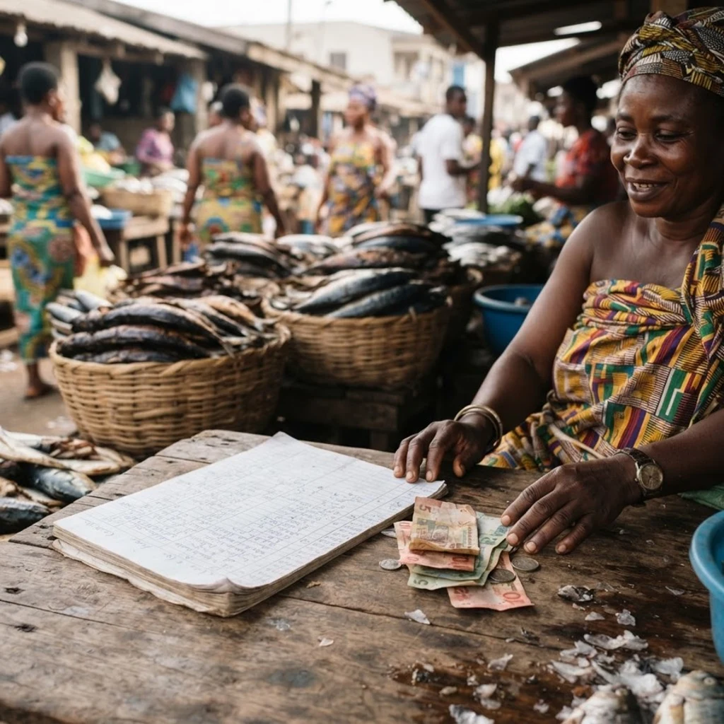 A Ghanaian fish trader at a market table with a handwritten ledger and cedi notes and coins, baskets of fish behind her