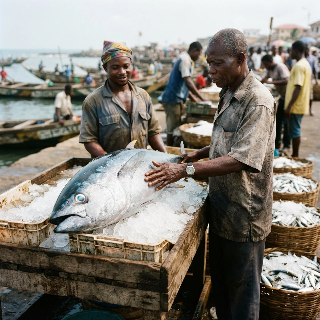Fishery workers inspecting a large tuna packed in ice on a wooden table at a Ghanaian landing site, baskets of small pelagic fish beside them