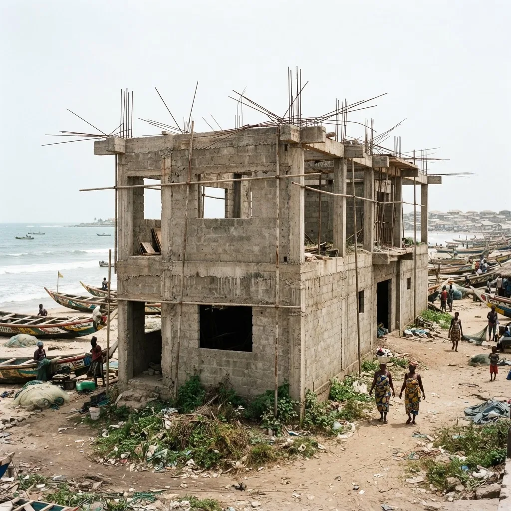 An unfinished, overgrown concrete building shell with exposed rebar on a Ghanaian beach, fishing canoes and traders working the sand around it