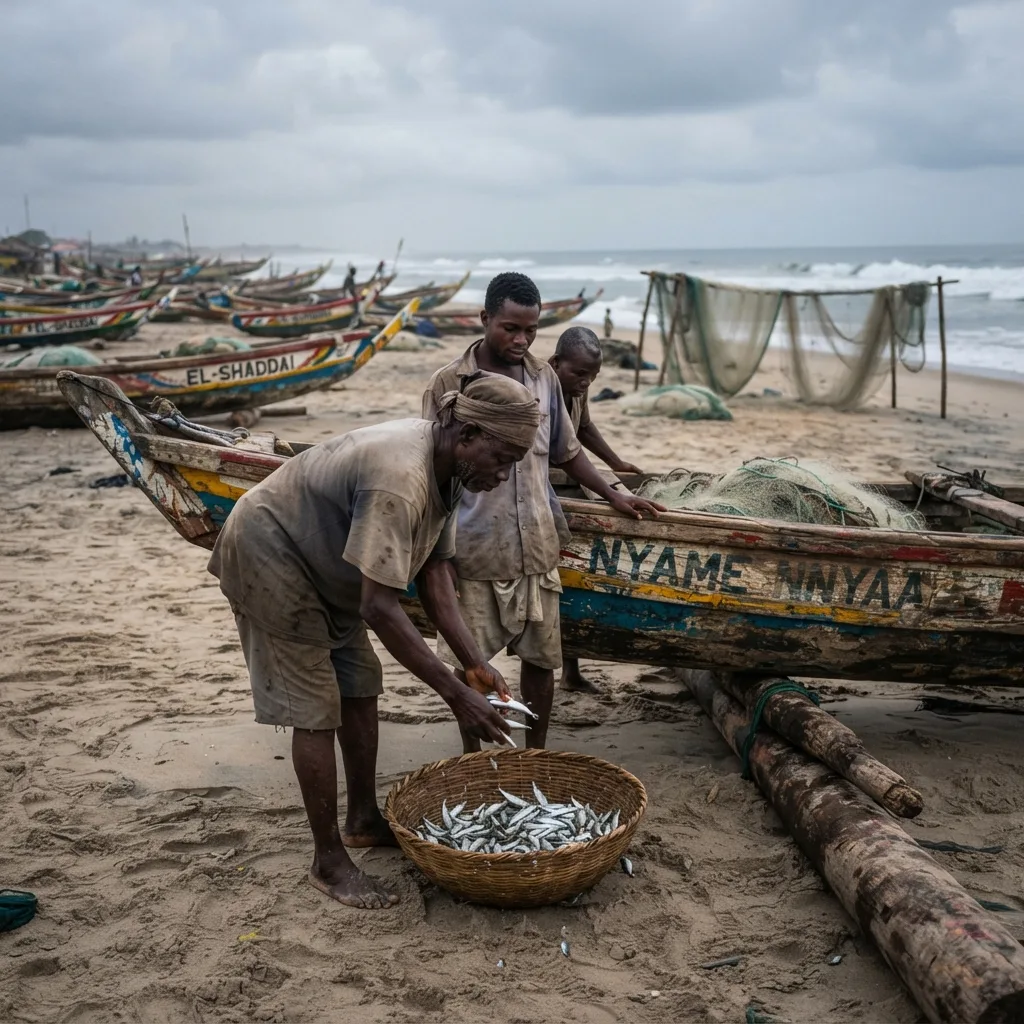 Fishermen sorting a small basket of small pelagic fish beside a beached canoe, a thin catch against the boats and empty nets behind