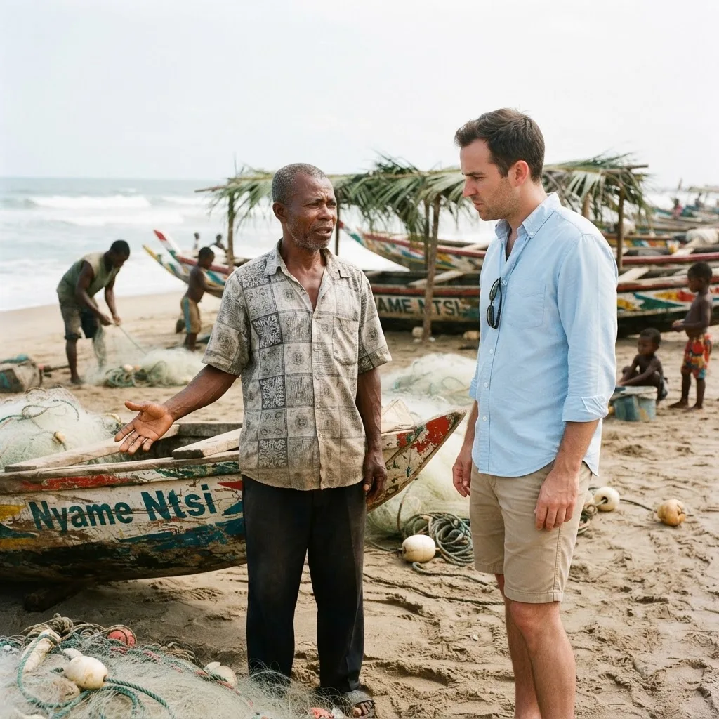 A visitor in casual clothes talking with a Ghanaian fisherman beside his beached canoe named Nyame Ntsi, nets and floats piled in the foreground
