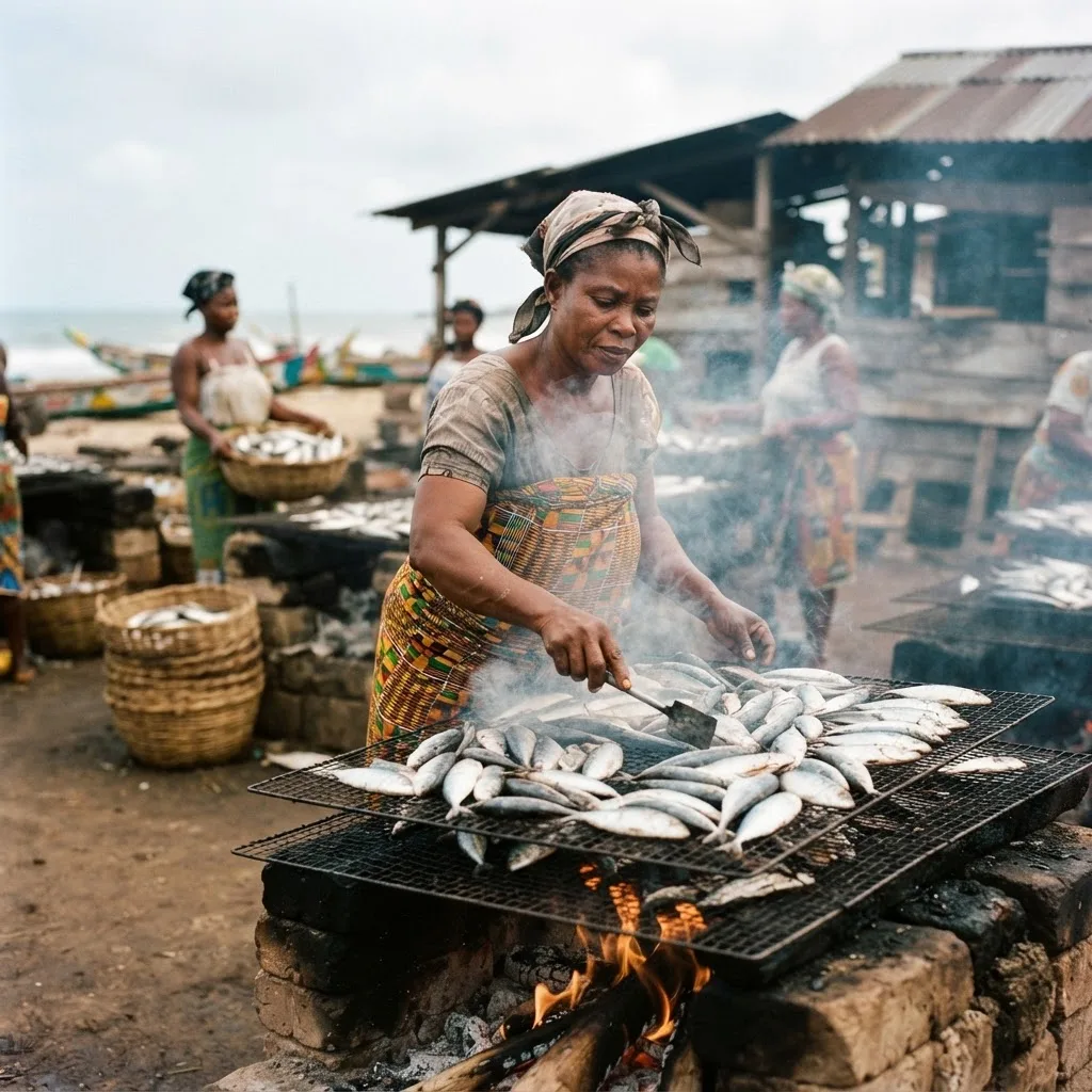 A woman smoking fish over a traditional oven while other traders and processors work in the background, the informal actor formalisation risks displacing