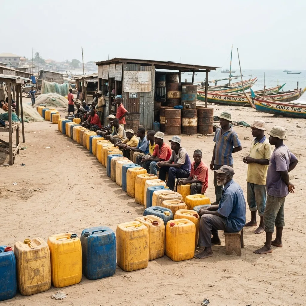 A row of fishermen seated beside a long line of yellow and blue fuel jerrycans queuing at a premix kiosk on a Ghanaian beach