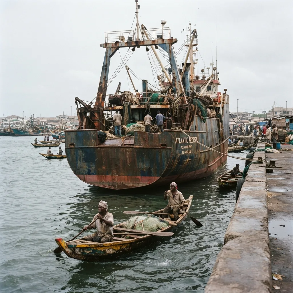 A rusted industrial trawler named Atlantic Reefer docked at a Ghanaian harbour with two men paddling a canoe past its stern